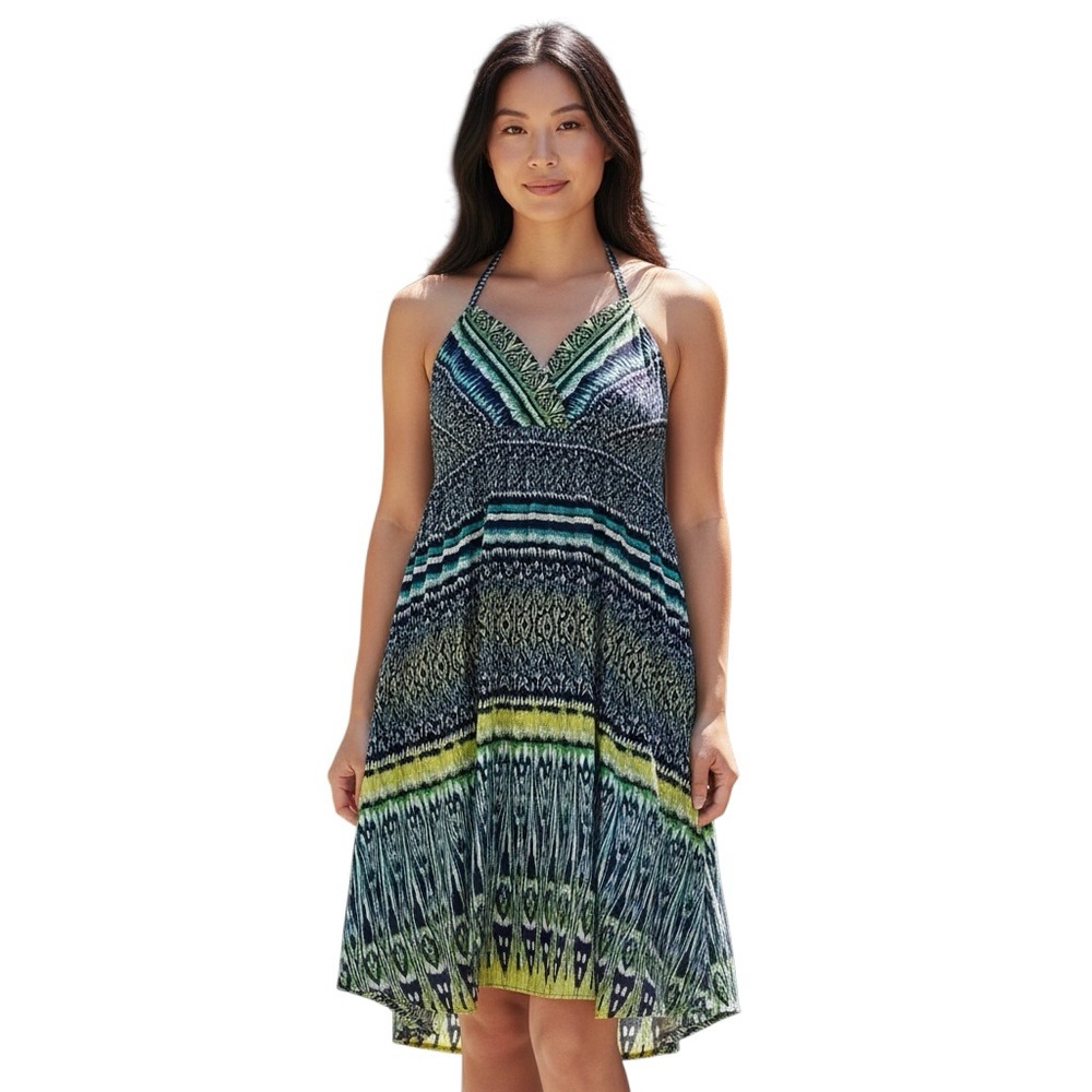 Athleta Marbella Sun Dress Women’s Sz S Green Blue V Neck Halter Aztec Geom